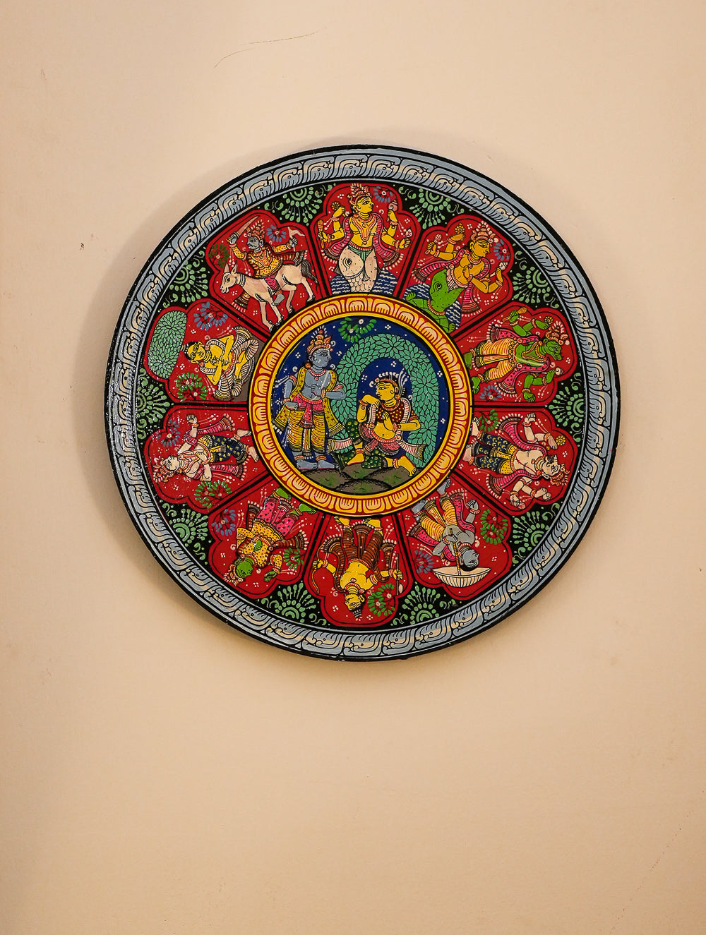 Load image into Gallery viewer, Intricate Pattachitra Art Wooden Wall / Table Plaque (12") - Krishna &amp; Radha, Dasha Avatar