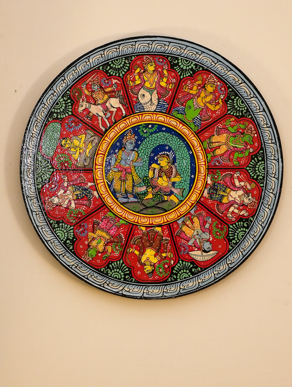 Load image into Gallery viewer, Intricate Pattachitra Art Wooden Wall / Table Plaque (12") - Krishna &amp; Radha, Dasha Avatar