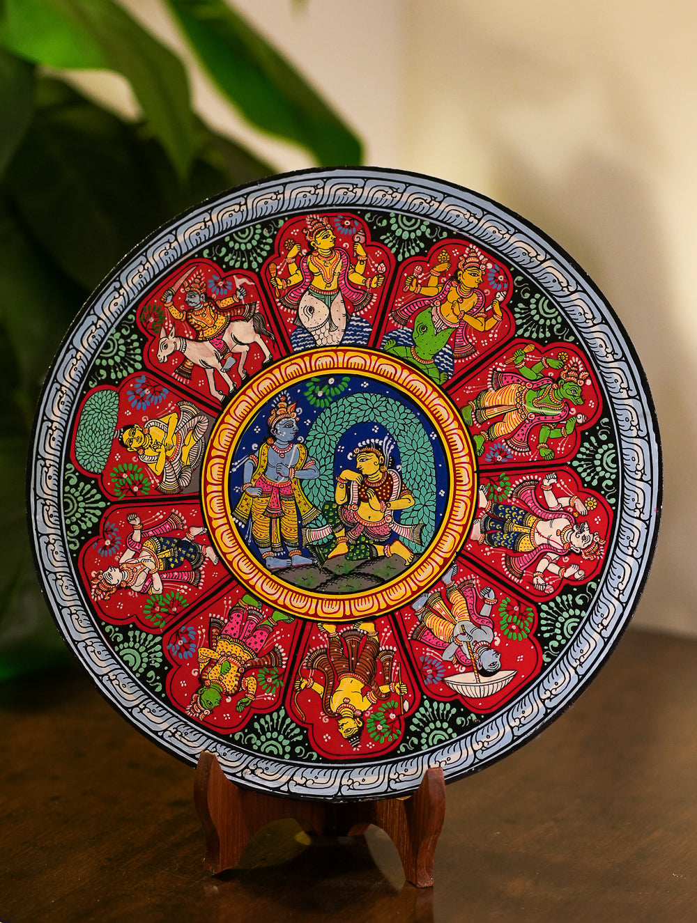 Load image into Gallery viewer, Intricate Pattachitra Art Wooden Wall / Table Plaque (12") - Krishna &amp; Radha, Dasha Avatar