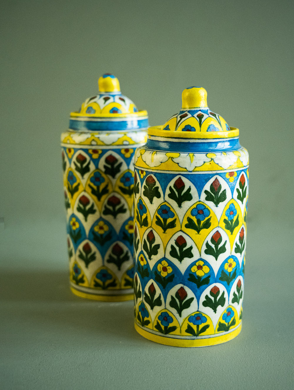 Jaipur Blue Pottery Jar with Lids - Yellow Ornate (Set of 2, Large)
