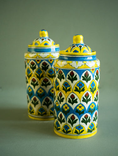 Jaipur Blue Pottery Jar with Lids - Yellow Ornate (Set of 2, Large)