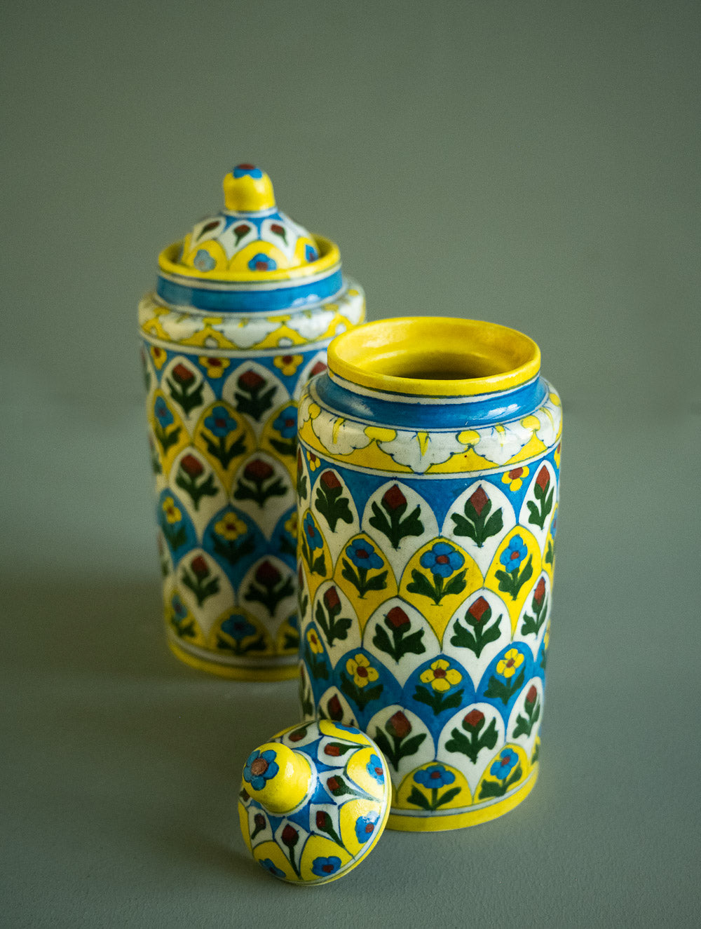 Jaipur Blue Pottery Jar with Lids - Yellow Ornate (Set of 2, Large)