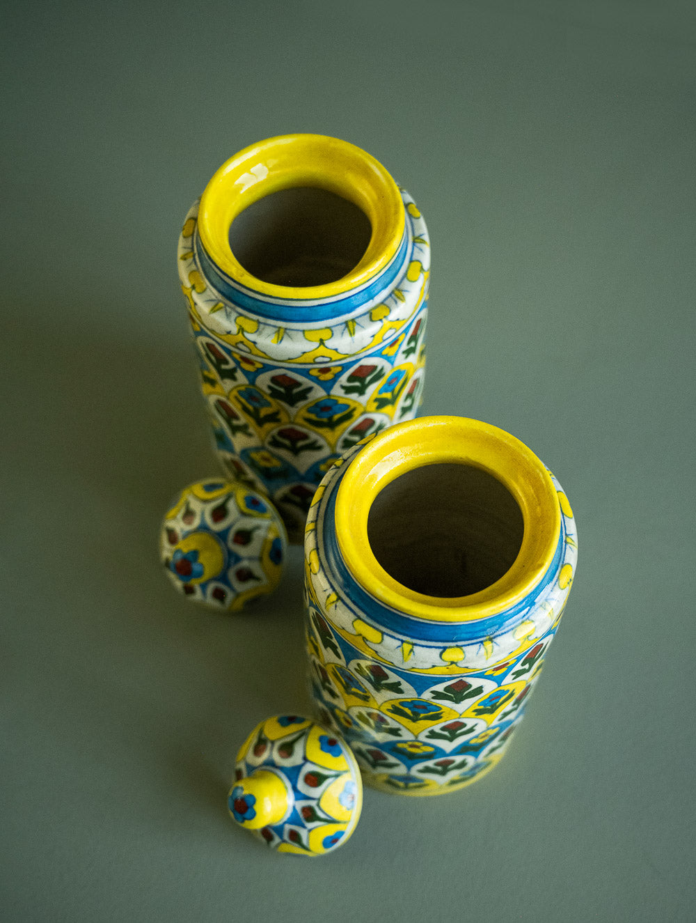 Jaipur Blue Pottery Jar with Lids - Yellow Ornate (Set of 2, Large)