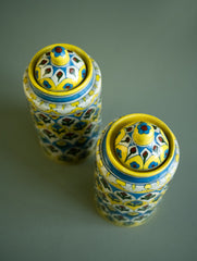 Jaipur Blue Pottery Jar with Lids - Yellow Ornate (Set of 2, Large)