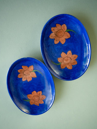 Jaipur Blue Pottery Oval Serving Plates - Blue Lotus (Set of 2)