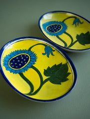 Jaipur Blue Pottery Oval Serving Plates - Yellow Sunflowers (Set of 2)