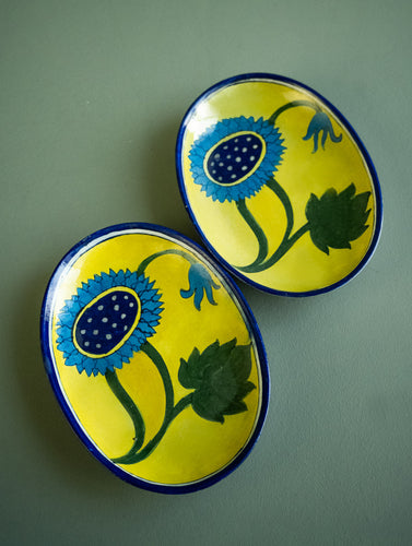 Jaipur Blue Pottery Oval Serving Plates - Yellow Sunflowers (Set of 2)