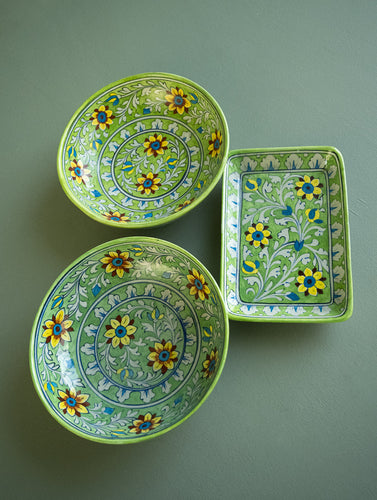 Jaipur Blue Pottery Serving Dishes - Lime Floral (Set of 3)
