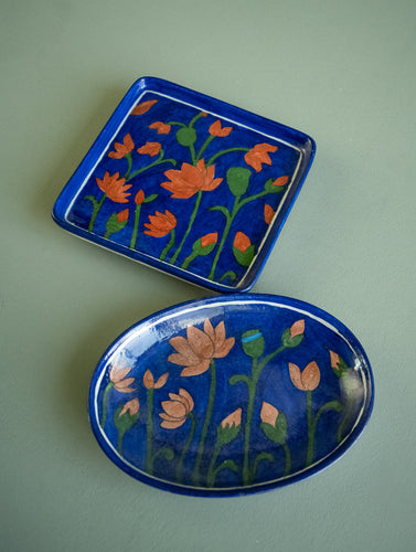 Jaipur Blue Pottery Serving Dishes Trays - Blue Lotus (Set of 2)