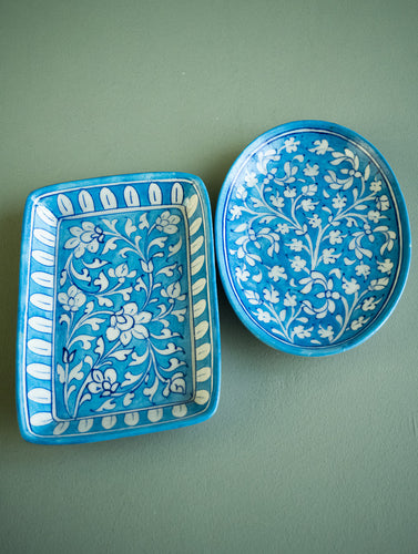 Jaipur Blue Pottery Serving Dishes / Trays - Turquoise Flora (Set of 2)