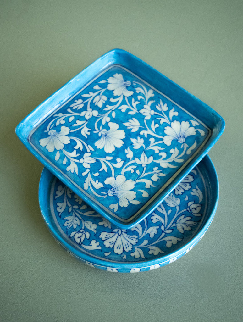 Jaipur Blue Pottery Serving Flat Dishes - Turquoise Flora (Set of 2)