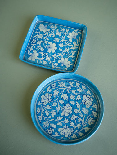 Jaipur Blue Pottery Serving Flat Dishes - Turquoise Flora (Set of 2)