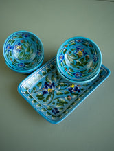 Load image into Gallery viewer, Jaipur Blue Pottery Serving Plate &amp; Small Bowls - Turquoise Florals (Set of 5)