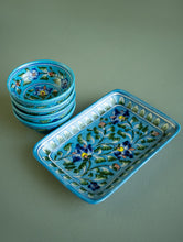 Load image into Gallery viewer, Jaipur Blue Pottery Serving Plate &amp; Small Bowls - Turquoise Florals (Set of 5)
