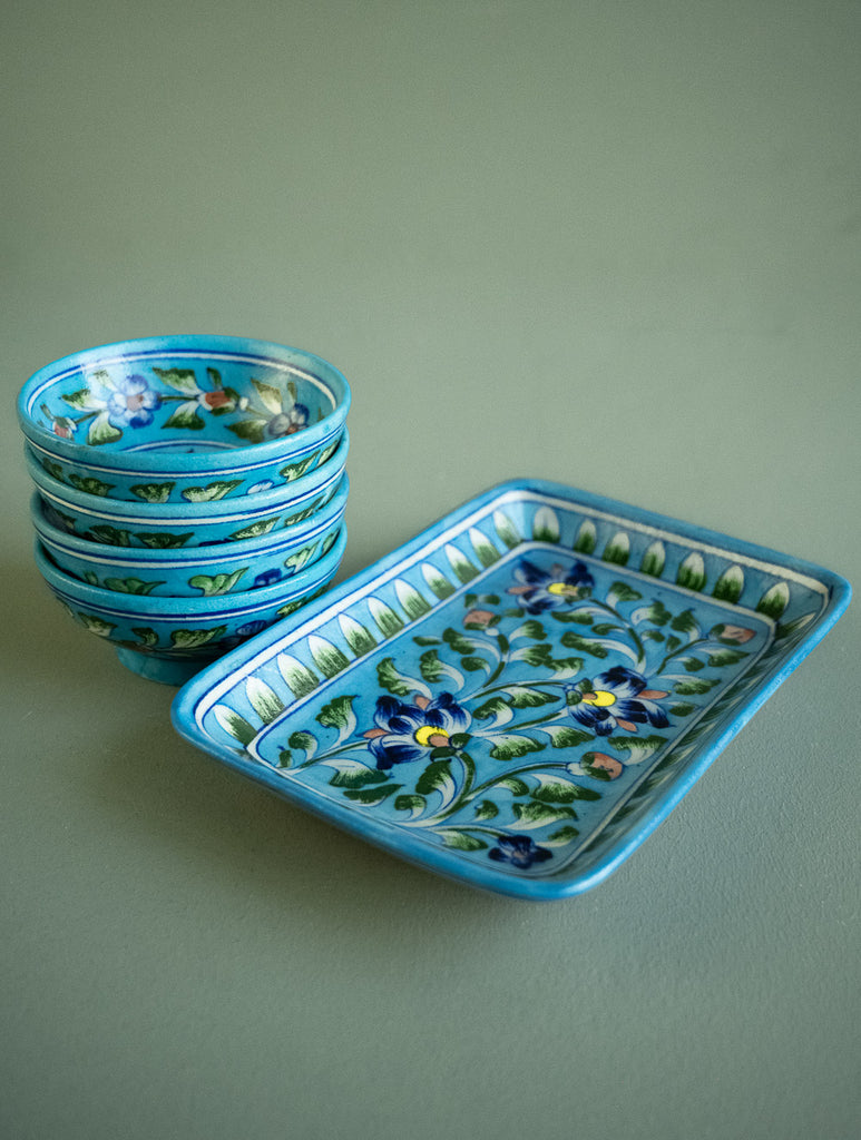 Jaipur Blue Pottery Serving Plate & Small Bowls - Turquoise Florals (Set of 5)