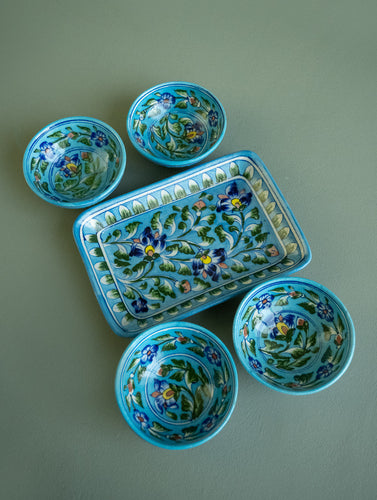 Jaipur Blue Pottery Serving Plate & Small Bowls - Turquoise Florals (Set of 5)