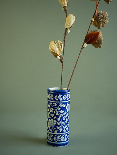 Jaipur Blue Pottery Slim Flower Vase - Royal Blue Floral
