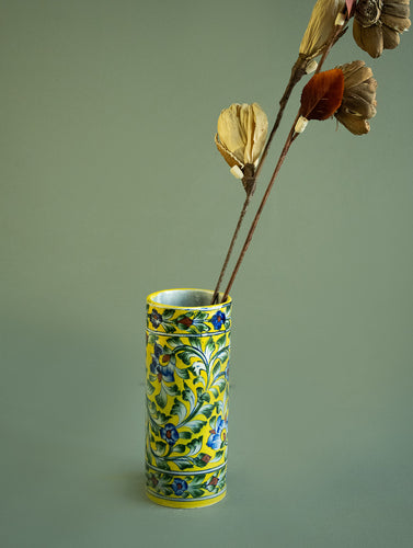 Jaipur Blue Pottery Slim Flower Vase - Yellow Floral