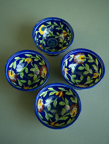 Jaipur Blue Pottery Small Dessert Bowls - Royal Blue Floral (Set of 4)