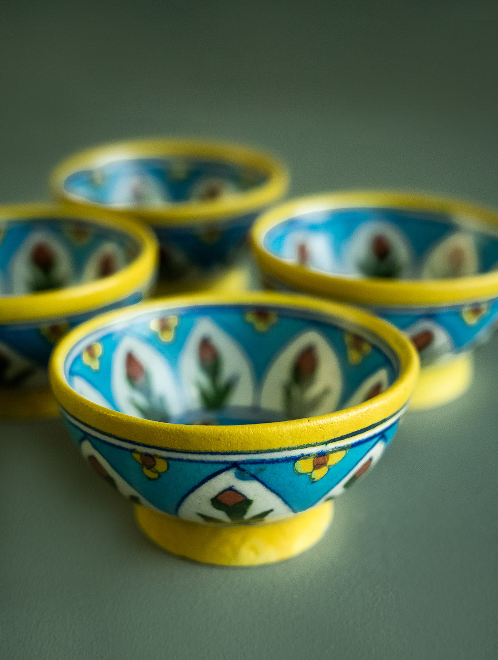Load image into Gallery viewer, Jaipur Blue Pottery Small Dessert Bowls - Yellow Floral (Set of 4)