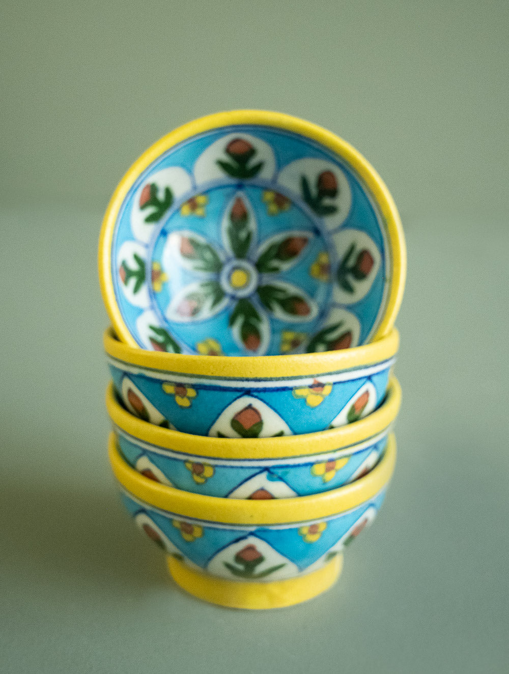 Load image into Gallery viewer, Jaipur Blue Pottery Small Dessert Bowls - Yellow Floral (Set of 4)