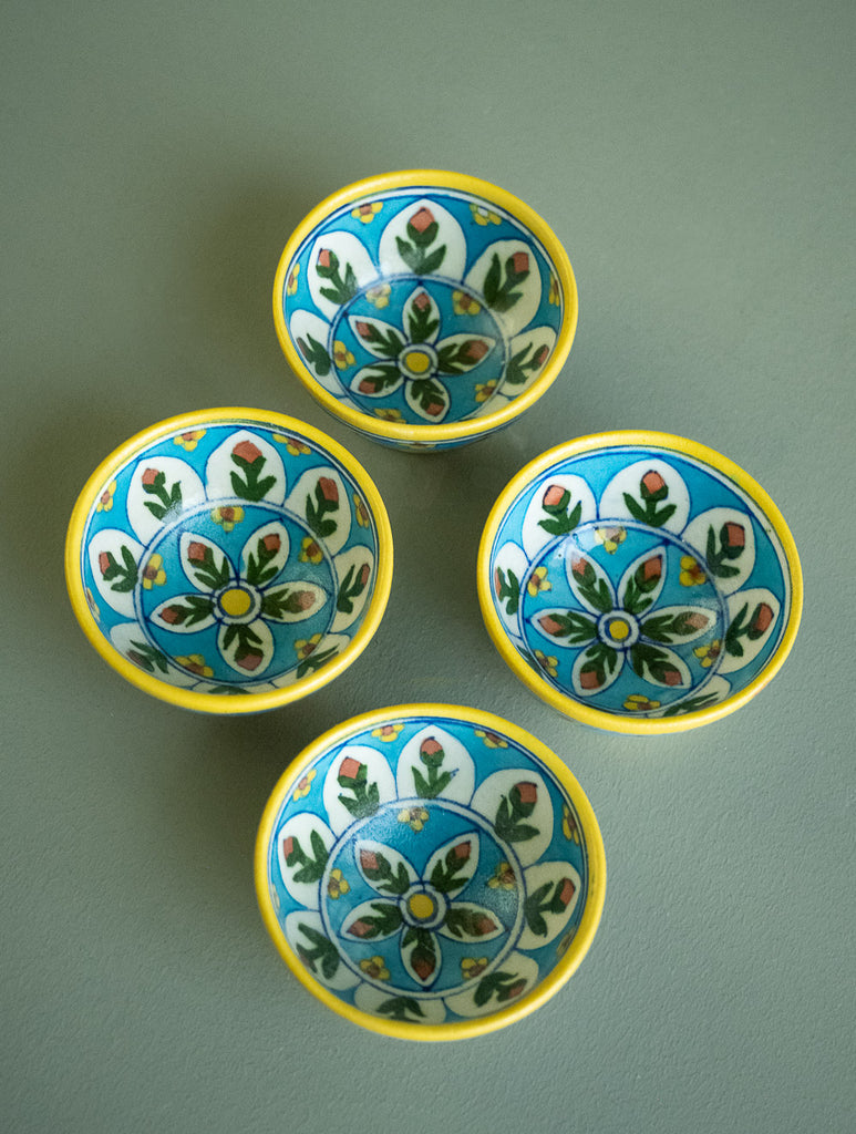 Jaipur Blue Pottery Small Dessert Bowls - Yellow Floral (Set of 4)