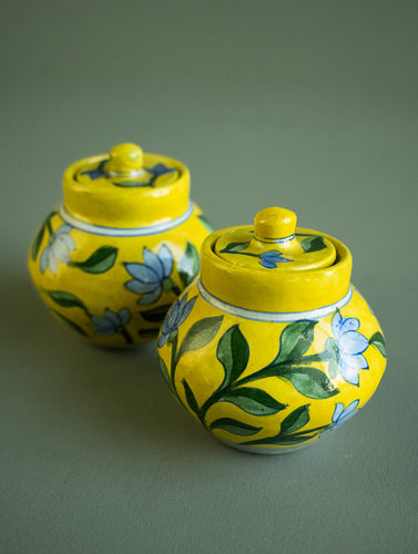 Jaipur Blue Pottery Small Jars with Lids - Yellow Floral (Set of 2)