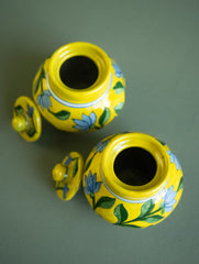 Jaipur Blue Pottery Small Jars with Lids - Yellow Floral (Set of 2)