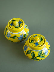 Jaipur Blue Pottery Small Jars with Lids - Yellow Floral (Set of 2)