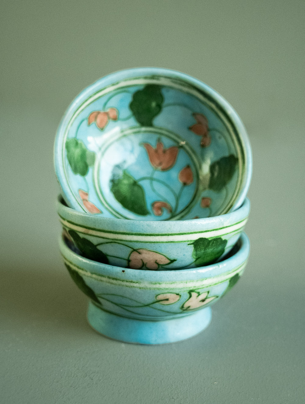 Jaipur Blue Pottery Small Nut Bowls - Soft Blue Floral (Set of 3)