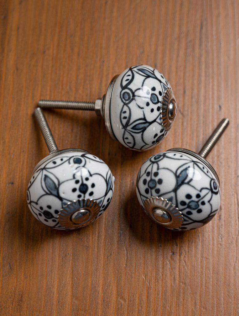 Jaipur Blue Pottery  Door Knobs - Black Flora (Set of 2)