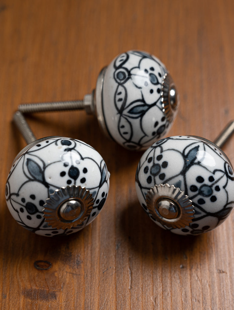 Jaipur Blue Pottery  Door Knobs - Black Flora (Set of 2)