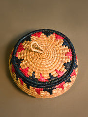 Handcrafted Moonj Grass Round Multi-Utility Basket with Lid - Red Accent