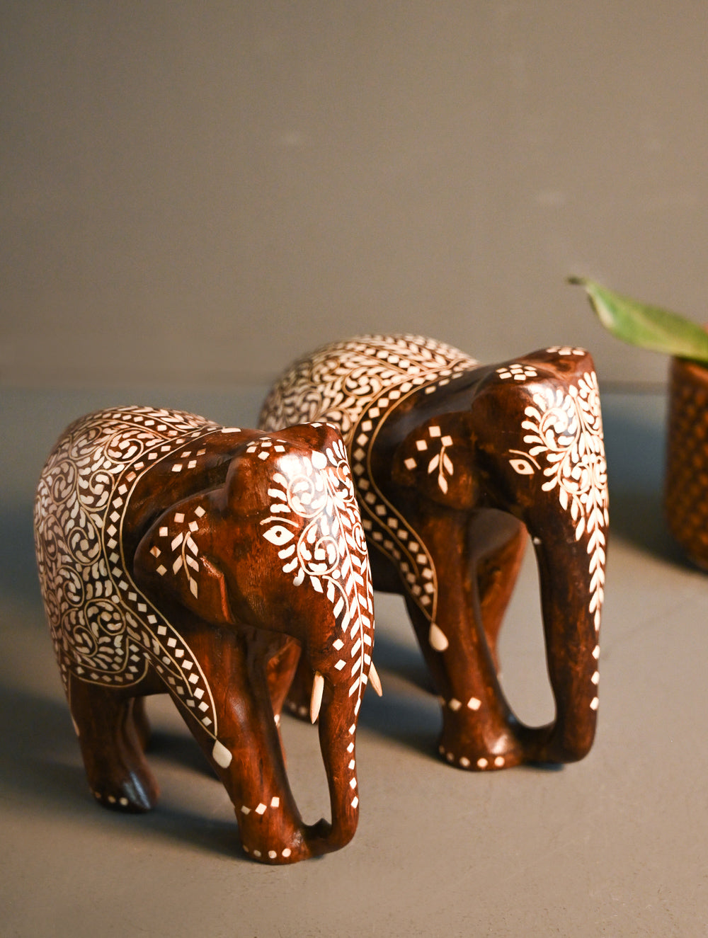 Wooden Inlay Craft Curio- Elephant pair (Set of 2)
