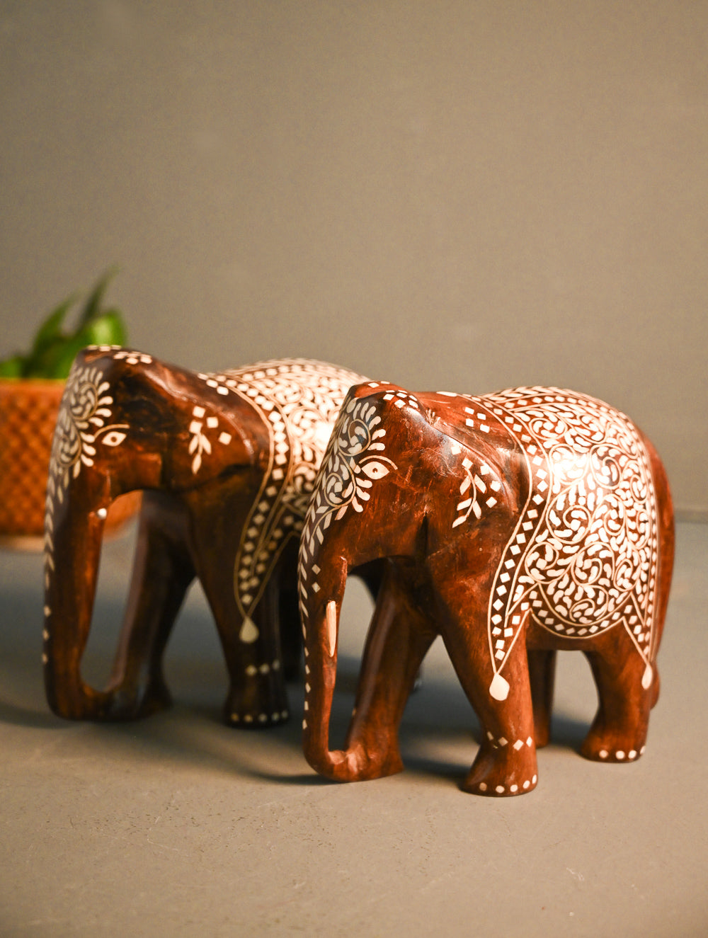 Wooden Inlay Craft Curio- Elephant pair (Set of 2)