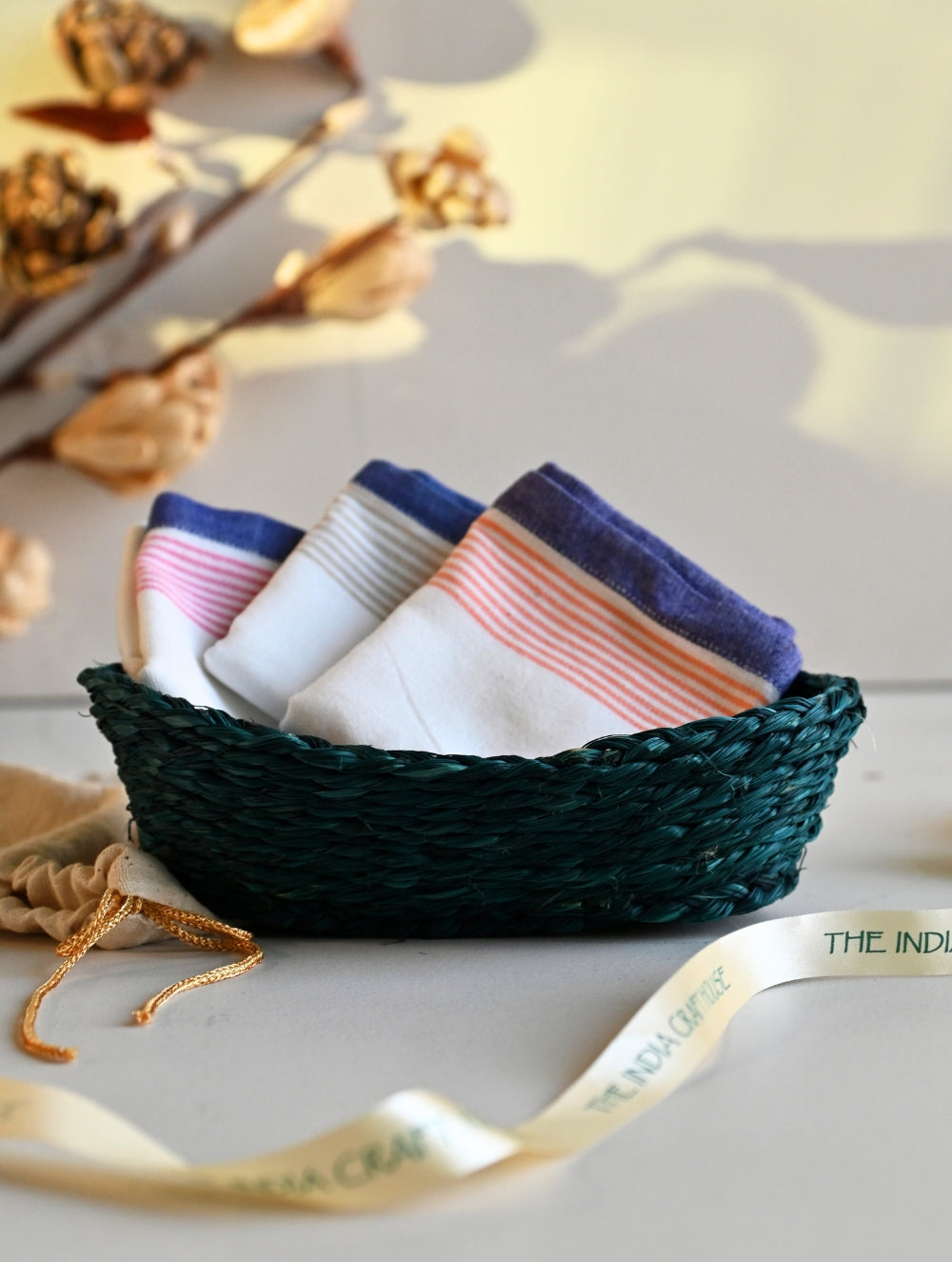 Handwoven Soft Kerala Cotton Kitchen-to-Coast Towels Gift Set in Sabai Grass Basket - Twilight Citrus (Set of 4) 