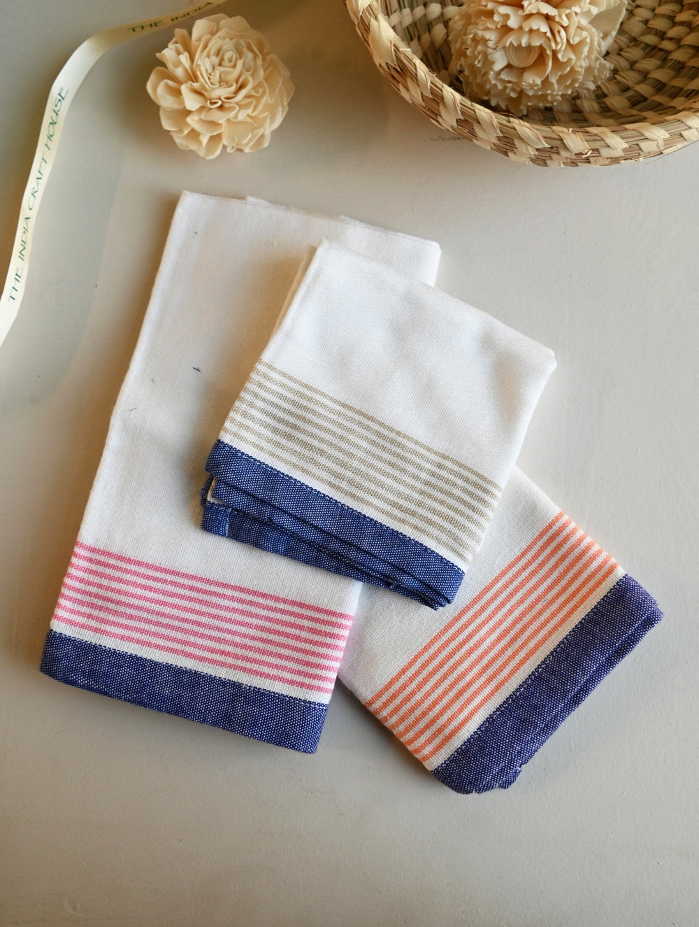 Handwoven Soft Kerala Cotton Kitchen-to-Coast Towels Gift Set in Sabai Grass Basket - Twilight Citrus (Set of 4) 