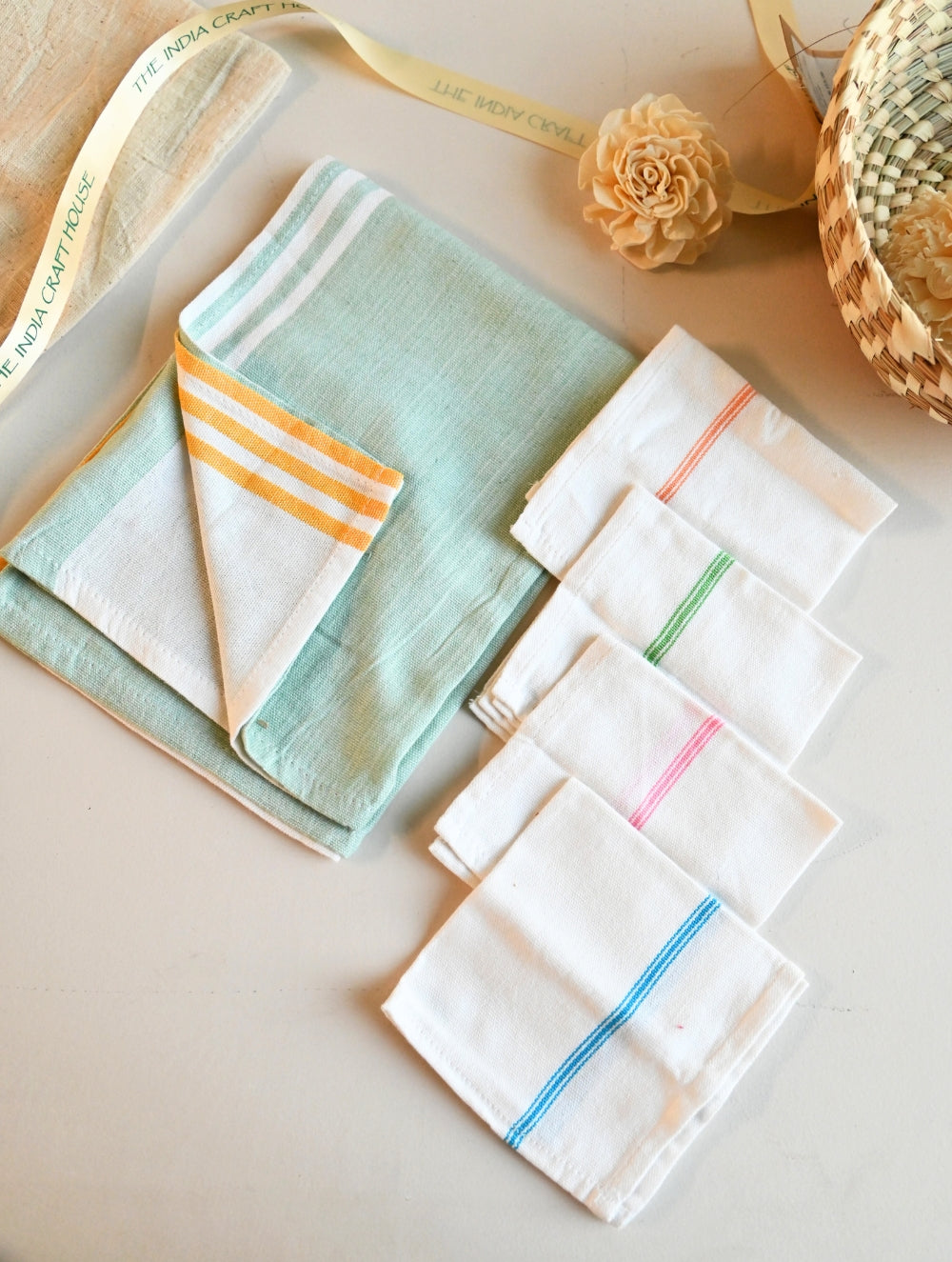 Handwoven Soft Kerala Cotton Kitchen-to-Coast Towels Gift Set in Sabai Grass Basket - Mint Whisper (Set of 6)