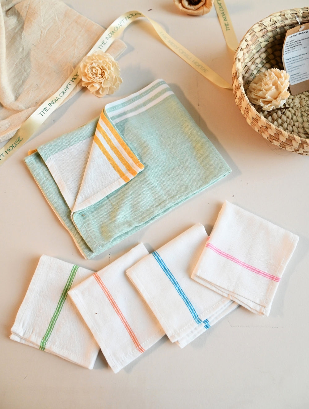 Handwoven Soft Kerala Cotton Kitchen-to-Coast Towels Gift Set in Sabai Grass Basket - Mint Whisper (Set of 6)