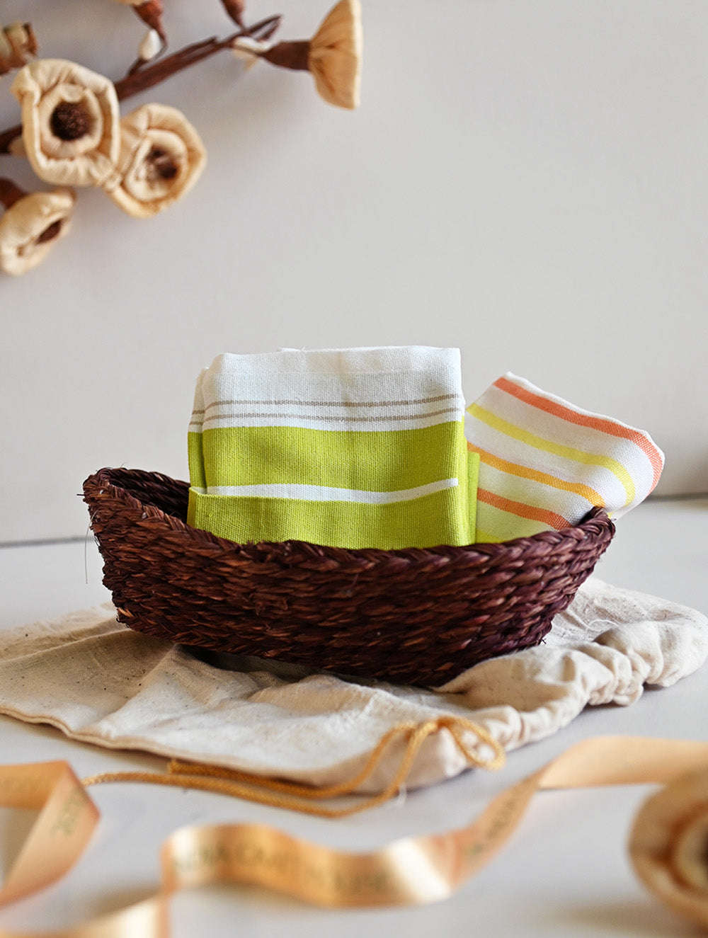 Handwoven Soft Kerala Cotton Kitchen-to-Coast Towels Gift Set in Sabai Grass Basket - Lime Grove (Set of 3)