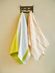Handwoven Soft Kerala Cotton Kitchen-to-Coast Towels Gift Set in Sabai Grass Basket - Lime Grove (Set of 3)