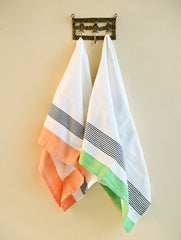Handwoven Soft Kerala Cotton Kitchen-to-Coast Towels Gift Set in Sabai Grass Basket - Citrus Contrast (Set of 3)