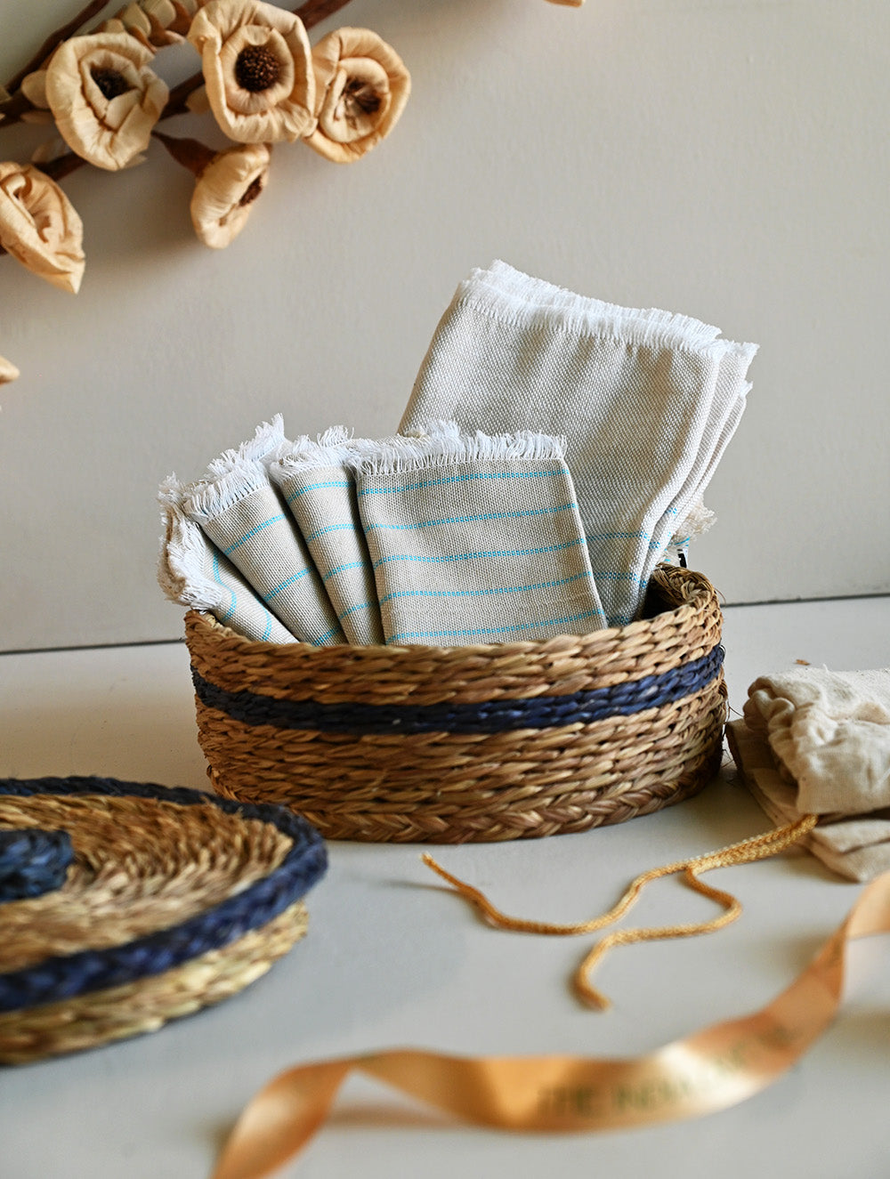 Handwoven Soft Kerala Cotton Kitchen-to-Coast Towels Gift Set in Sabai Grass Basket - Natural Linen Stripe (Set of 6) 