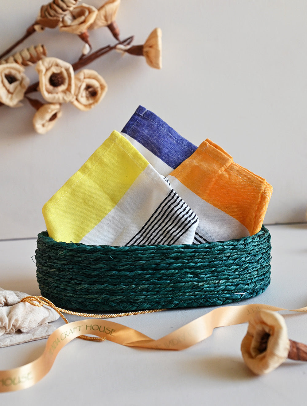 Handwoven Soft Kerala Cotton Kitchen-to-Coast Towels Gift Set in Sabai Grass Basket - Coastal Pop (Set of 4)