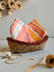 Handwoven Soft Kerala Cotton Kitchen-to-Coast Towels Gift Set in Sabai Grass Basket - Coral Reef (Set of 3) 