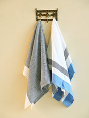 Handwoven Soft Kerala Cotton Kitchen-to-Coast Towels Gift Set in Sabai Grass Basket - Classic Contrast (Set of 3)