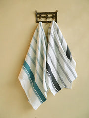 Handwoven Soft Kerala Cotton Kitchen-to-Coast Towels Gift Set in Sabai Grass Basket - Teal Contrast (Set of 3)