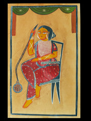 Kalighat Painting With Mount - Hookah Lady