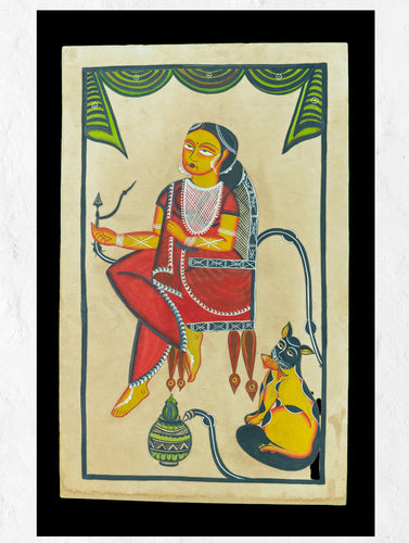 Kalighat Painting With Mount - Lady & Hookah