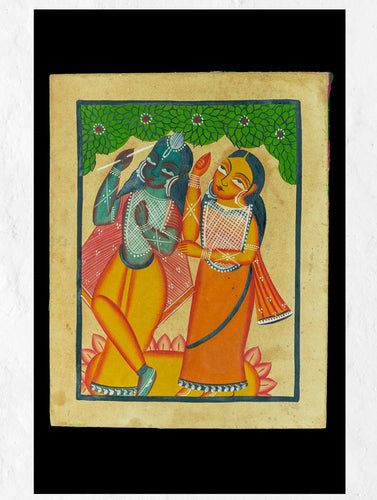 Kalighat Painting With Mount - Radha Krishna